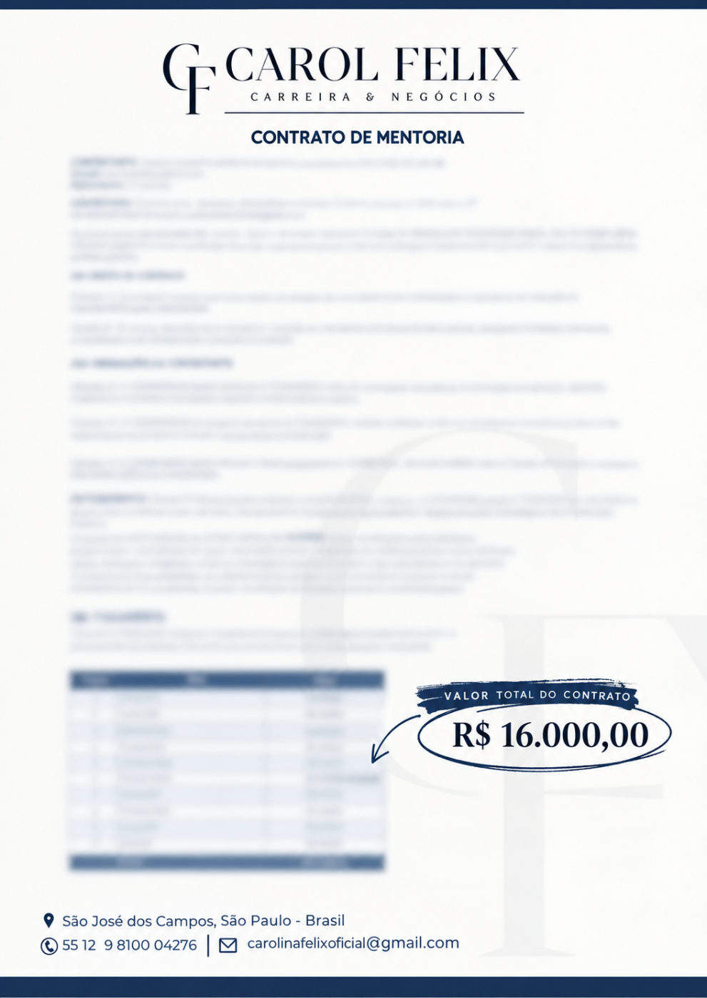 Contrato de R$ 16.000 · mentoria de comunicação para uma palestra em congresso, em 10 parcelas