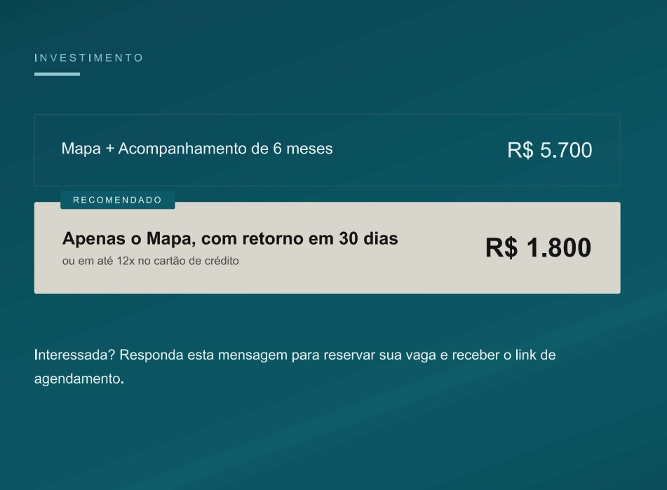 Uma única análise, com devolutiva e retorno em 30 dias, vendida com uma sequência de stories